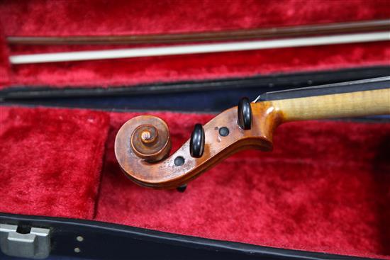 An early 20th century violin, with handwritten label stating made by J.K. Monk, Lewisham,